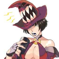 Rule 34 | angry, bare shoulders, black hair, breasts, cleavage, fingerless gloves, gloves, guilty gear, guilty gear xrd, hat, highres, i-no, looking at viewer, luci omi gusu, medium breasts, microphone, open mouth, red headwear, screaming, short hair, witch, witch hat