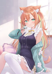 Rule 34 | 1girl, animal ears, bare shoulders, black dress, breasts, cat ears, cat girl, cat tail, closed mouth, collared dress, dress, frilled dress, frilled thighhighs, frills, green eyes, green jacket, highres, holding, holding microphone, indie virtual youtuber, jacket, kirifrog, long hair, long sleeves, looking at viewer, medium breasts, microphone, multicolored hair, neck ribbon, off shoulder, open clothes, open jacket, orange hair, ribbon, saotome otoha, single thighhigh, sitting, sleeveless, sleeveless dress, smile, solo, tail, thighhighs, twintails, two-tone hair, virtual youtuber, white thighhighs