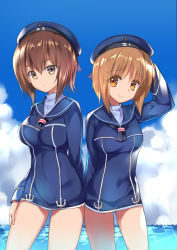 Rule 34 | 10s, 2girls, bare legs, brown eyes, brown hair, cloud, cosplay, cowboy shot, creator connection, day, dress, expressionless, girls und panzer, hair between eyes, hat, kantai collection, long sleeves, look-alike, looking at viewer, multiple girls, neckerchief, nishizumi maho, nishizumi miho, outdoors, rei (rei&#039;s room), revision, sailor dress, sailor hat, short hair, siblings, sisters, sky, smile, standing, tareme, tsurime, water, z1 leberecht maass (kancolle), z1 leberecht maass (kancolle) (cosplay), z3 max schultz (kancolle), z3 max schultz (kancolle) (cosplay)