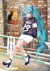 Rule 34 | 1girl, 39, alternate costume, black footwear, black shirt, blue eyes, blue hair, blue nails, brick wall, closed mouth, clothes writing, fence, french text, full body, hatsune miku, high heels, highres, jewelry, long hair, long sleeves, looking at viewer, nail polish, necklace, poster (object), shirt, sitting, skirt, smile, solo, takepon1123, twintails, very long hair, vocaloid, white legwear, white skirt