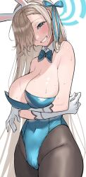 Rule 34 | 1girl, animal ears, asuna (blue archive), asuna (bunny) (blue archive), bare shoulders, blue archive, blue bow, blue bowtie, blue eyes, blue leotard, blue ribbon, blush, bow, bowtie, breasts, brown pantyhose, cleavage, commentary request, covered navel, detached collar, fake animal ears, gloves, hair over one eye, hair ribbon, halo, highres, large breasts, leotard, light brown hair, long hair, looking at viewer, mole, mole on breast, official alternate costume, ootani nonno, pantyhose, rabbit ears, ribbon, sideboob, simple background, smile, solo, wet, wet hair, white background, white gloves