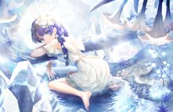 Rule 34 | 1girl, back bow, barefoot, blue eyes, blue hair, bow, braid, branch, breasts, crystal, dark blue hair, dress, flats, flower, game cg, head wreath, highres, leaning on object, light frown, link! like! love live!, long hair, looking at viewer, looking back, love live!, low twin braids, murano sayaka, off-shoulder dress, off shoulder, official art, shoes, short dress, sitting, sitting on water, small breasts, solo, third-party source, twin braids, unworn shoes, virtual youtuber, wariza, white dress, white flower