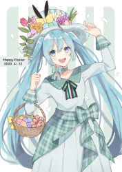 Rule 34 | 1girl, 2020, absurdres, animal ears, aqua eyes, aqua hair, bad id, bad pixiv id, basket, blue dress, blush, bow, bowtie, commentary, cowboy shot, dress, dress bow, easter, easter egg, egg, flower, hand on headwear, hand up, happy easter, hat, hat flower, hatsune miku, highres, holding, holding basket, light blush, long hair, looking at viewer, neck ribbon, open mouth, petals, plaid, plaid bow, polka dot, rabbit ears, ribbon, sena (illust-cat-love), smile, solo, striped, striped background, symbol-only commentary, tulip, twintails, very long hair, vocaloid