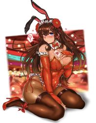 Rule 34 | 1girl, ?, alternate costume, animal ears, aratako (crimson015), blue eyes, blush, breasts, brown hair, brown pantyhose, closed mouth, commentary request, elbow gloves, fake animal ears, fate/grand order, fate (series), fingerless gloves, flower, gloves, hair between eyes, hair flower, hair ornament, hand on own chest, heart, highres, large breasts, leotard, long hair, looking at viewer, mata hari (fate), pantyhose, playboy bunny, rabbit ears, red gloves, red leotard, sitting, solo, spoken question mark, thighband pantyhose, wariza