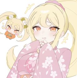 1girl :d blonde_hair blush blush_stickers bow chi_gu danganronpa_(series) danganronpa_2:_goodbye_despair hair_bow hair_ornament hands_up highres japanese_clothes kimono long_hair long_sleeves looking_at_viewer multiple_views open_mouth orange_eyes saionji_hiyoko smile twintails