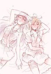 Rule 34 | 2girls, ahoge, arm across waist, arm at side, arm behind head, arm on own head, arm up, assault lily, bare arms, bare shoulders, bed sheet, blush, braid, breasts, brown hair, buttons, cleavage, closed mouth, collarbone, collared shirt, commentary request, cowboy shot, frilled skirt, frills, funada kiito, garter straps, hair between eyes, hair spread out, kawamura yuzuriha, large breasts, long hair, looking at another, looking away, looking to the side, lying, medium breasts, miniskirt, mole, mole under eye, multiple girls, necktie, no bra, nose blush, on back, one eye closed, parted lips, partially colored, partially unbuttoned, purple hair, santouka, shirt, short hair, short sleeves, side-by-side, side braid, sideways glance, single braid, sketch, skirt, sleeveless, sleeveless shirt, thighhighs, yuri