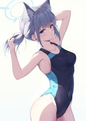 Rule 34 | 1girl, animal ear fluff, animal ears, arm behind back, arms up, bare arms, blue archive, blue eyes, blush, breasts, competition swimsuit, covered navel, cowboy shot, cross hair ornament, grey hair, hair ornament, halo, highleg, highleg swimsuit, highres, holding, holding own hair, looking at viewer, medium breasts, miso (misomiso 154), one-piece swimsuit, parted lips, shiroko (blue archive), shiroko (swimsuit) (blue archive), sidelocks, simple background, solo, swimsuit, thighs, two-tone swimsuit, white background