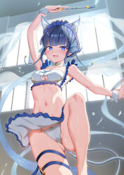 Rule 34 | 1girl, alternate costume, animal ear fluff, animal ears, arm up, bare shoulders, blue eyes, blue hair, cameltoe, cat ears, cat tail, duel monster, enmaided, feet out of frame, frilled skirt, frills, highres, holding, holding wand, maid, mailixiang, multiple tails, navel, ni-ni the mirror mikanko, panties, short hair, skirt, solo, standing, standing on one leg, stomach, tail, thigh strap, thighs, unconventional maid, underwear, wand, wrist cuffs, yu-gi-oh!