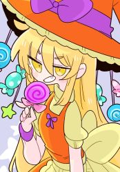 Rule 34 | 1girl, apron, blonde hair, bow, buttons, candy, food, hair bow, halloween, hat, hat bow, highres, holding, holding candy, holding food, holding lollipop, kirisame marisa, lollipop, long hair, op na yarou, orange hat, orange vest, puffy short sleeves, puffy sleeves, shirt, short sleeves, simple background, smile, solo, swirl lollipop, touhou, turtleneck, vest, waist apron, white background, witch hat, yellow eyes, yellow shirt
