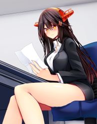 Rule 34 | 10s, 1girl, bare legs, black hair, black skirt, blush, breasts, brown eyes, chair, hair between eyes, hair ornament, hairclip, haruna (kancolle), headgear, highres, indoors, jewelry, kantai collection, large breasts, long hair, long sleeves, office lady, paper, ring, skirt, smile, solo, table, tsukui kachou, wedding band