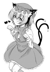 Rule 34 | 1girl, animal ears, blush, cat ears, cat tail, chen, dress, earrings, greyscale, hat, jewelry, looking at viewer, monochrome, multiple tails, paw pose, short hair, solo, tail, tatsuya (guild plus), touhou