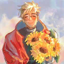 Rule 34 | 1boy, ^ ^, absurdres, blonde hair, bouquet, closed eyes, commentary, english commentary, flower, highres, holding, holding bouquet, jacket, male focus, prcrstncn, red jacket, sky, smile, solo, sunglasses, trigun, trigun stampede, turtleneck, upper body, vash the stampede