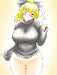 Rule 34 | 1girl, blonde hair, blush, bottomless, breasts, closed eyes, curvy, female focus, gomesu, gradient background, groin, hair ribbon, head tilt, huge breasts, kurodani yamame, no pussy, plump, ponytail, ribbon, smile, solo, standing, sweater, thigh gap, thighs, touhou, white background