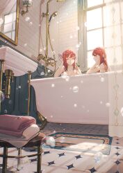 2girls absurdres bare_shoulders bath bath_stool bathing bathroom bathtub bubble bubble_bath bubble_pipe claw_foot_bathtub closed_eyes curtains day faucet folded from_below hand_on_own_cheek hand_on_own_face highres indoors industrial_pipe jewelry kotobuki_nashiko lamp long_hair looking_at_another mat mirror multiple_girls nude original red_eyes red_hair reflection ring same-sex_bathing shared_bathing shower_head sink smile soap_bubbles stool tile_floor tile_wall tiles toothbrush window