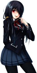 Rule 34 | 10s, 1girl, black hair, black pantyhose, blazer, blush, copyright name, date a live, extraction, finger to mouth, gayprince, hair over one eye, highres, jacket, long hair, looking at viewer, miniskirt, open mouth, pantyhose, pleated skirt, red eyes, school uniform, skirt, slit pupils, smile, solo, tokisaki kurumi, tongue, tongue out, transparent background
