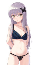 Rule 34 | 1girl, absurdres, arms behind back, bang dream!, bare arms, bare shoulders, black panties, blue bra, blush, bra, breasts, butterfly hair ornament, cleavage, collarbone, commentary request, cowboy shot, floral print, grey hair, groin, hair between eyes, hair ornament, highres, lace, lace-trimmed bra, lace-trimmed panties, lace trim, leeshin0919, long hair, looking at viewer, medium breasts, minato yukina, navel, panties, parted lips, print bra, print panties, sidelocks, simple background, solo, standing, stomach, underwear, underwear only, very long hair, white background, yellow eyes