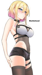 Rule 34 | 1girl, azur lane, bare shoulders, black shorts, black thighhighs, blonde hair, blue eyes, blush, breasts, character name, covered navel, hair between eyes, kanzaki muyu, large breasts, looking at viewer, marblehead (azur lane), multicolored hair, navel piercing, parted lips, piercing, pink hair, see-through, short hair with long locks, short shorts, shorts, simple background, skindentation, solo, standing, thigh strap, thighhighs, thighs, two-tone hair, white background