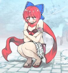 Rule 34 | 1girl, bikini, blue bow, blush, bow, cold, commentary request, full body, ginnkei, hair bow, open mouth, outdoors, red eyes, red hair, red scarf, ribbon-trimmed bikini, ribbon-trimmed bow, sandals, scarf, sekibanki, short hair, sitting, solo, squatting, swimsuit, tearing up, touhou, touhou lostword, wind