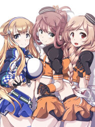 Rule 34 | 3girls, 547th sy, alternate costume, asagumo (kancolle), bandeau, bike shorts, bike shorts under skirt, black headwear, black jacket, blonde hair, blue skirt, braid, breast press, breasts, brown hair, cloud hair ornament, commentary request, cosplay, cowboy shot, cropped jacket, double bun, fletcher (kancolle), girl sandwich, gloves, gradient hair, grey eyes, grey hairband, hair bun, hair ornament, hair ribbon, hairband, highres, jacket, kantai collection, large breasts, light brown hair, long hair, midriff, minegumo (kancolle), multicolored clothes, multicolored gloves, multicolored hair, multicolored jacket, multiple girls, natsugumo (kancolle), natsugumo (kancolle) (cosplay), orange bandeau, orange skirt, pleated skirt, purple eyes, race queen, red eyes, ribbon, sandwiched, skirt, small breasts, smile, star (symbol), star hair ornament, symmetrical docking, twin braids, twintails