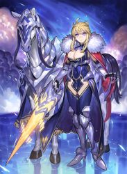 Rule 34 | 1girl, absurdres, ahoge, animal, armor, artoria pendragon (fate), artoria pendragon (lancer) (fate), bad id, bad twitter id, barding, blonde hair, blush, braid, breasts, cleavage, crown, dun stallion (fate), fate/grand order, fate (series), full body, fur trim, gauntlets, green eyes, highres, horse, large breasts, long hair, looking at viewer, night, sidelocks, smile, sohn woohyoung, solo