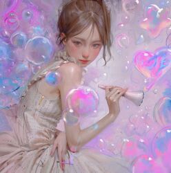 Rule 34 | 1girl, absurdres, blue eyes, brown hair, bubble, bubble pipe, cigarette, cropped legs, dress, frilled dress, frills, grey dress, highres, holding, holding cigarette, looking at viewer, original, parted bangs, red lips, sangsoo jeong, sitting, turning head
