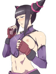 Rule 34 | 1girl, abs, bare shoulders, black eyes, black hair, blush, breast slip, breasts, capcom, chinese clothes, covered erect nipples, detached sleeves, drill hair, dudou, elbow gloves, fingerless gloves, gloves, halterneck, hamushima, han juri, large breasts, navel, nipples, one breast out, short hair, simple background, solo, street fighter, street fighter iv (series), toned, twin drills, undressing