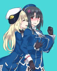 Rule 34 | 10s, 2girls, alternate headwear, anger vein, angry, atago (kancolle), beret, black gloves, black hair, blonde hair, blue background, blush, grabbing another&#039;s breast, breasts, buttons, clenched hand, closed eyes, gloves, grabbing, grabbing from behind, groping, hat, huge breasts, kantai collection, large breasts, long hair, long sleeves, looking back, military, military hat, military uniform, mizuumi (bb), multiple girls, open mouth, red eyes, short hair, simple background, smile, takao (kancolle), uniform, yuri