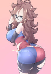 Rule 34 | 1girl, adjusting eyewear, android 21, ass, bare shoulders, blue eyes, breasts, brown hair, checkered clothes, checkered dress, detached sleeves, dragon ball, dragon ball fighterz, dress, earrings, from behind, glasses, hoop earrings, hot vr, jewelry, large breasts, long hair, messy hair, open mouth, pixiv username, simple background, solo, torn clothes, torn dress