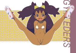 Rule 34 | 1girl, :d, arms behind back, big hair, bikini, bikini top only, blush, brown eyes, commentary request, covered erect nipples, creatures (company), dark-skinned female, dark skin, full body, game freak, gym leader, highres, iris (pokemon), legs up, long hair, looking at viewer, makoto daikichi, navel, nintendo, open mouth, outline, petite, pink footwear, pokemon, pokemon bw, purple hair, pussy, shoe soles, shoes, smile, solo, spread legs, swimsuit, tongue, two side up, uncensored