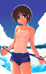 Rule 34 | 1girl, blue eyes, blue one-piece swimsuit, breasts, brown hair, clothes pull, cloud, female focus, navel, nipples, one-piece swimsuit, one-piece swimsuit pull, one-piece tan, outdoors, sky, small breasts, solo, swimsuit, tan, tanline, wet