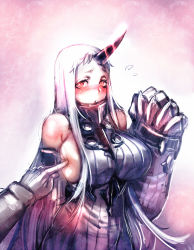 Rule 34 | 10s, 1girl, abyssal ship, admiral (kancolle), blush, bow (bhp), breast poke, breasts, dress, highres, horns, kantai collection, large breasts, long hair, pale skin, poking, red eyes, ribbed dress, seaport princess, sideboob, single horn, solo focus, white hair