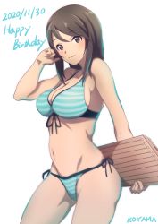 Rule 34 | 1girl, 9s0ykoyama117, absurdres, artist name, bikini, blue bikini, breasts, brown eyes, brown hair, cleavage, closed mouth, commentary, cowboy shot, dated, english text, front-tie bikini top, front-tie top, girls und panzer, girls und panzer senshadou daisakusen!, groin, hand in own hair, happy birthday, highres, holding, holding behind back, holding instrument, instrument, kantele, long hair, looking at viewer, medium breasts, mika (girls und panzer), navel, no headwear, official alternate costume, side-tie bikini bottom, simple background, smile, solo, standing, striped bikini, striped clothes, swimsuit, white background