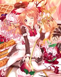 Rule 34 | 10s, 1girl, ;d, abe nana, apron, bad id, bad twitter id, blueberry, blush, breasts, brown hair, character name, chocolate syrup, cream, dated, dress, food, fruit, hair ribbon, happy birthday, haruka natsuki, idolmaster, idolmaster cinderella girls, juliet sleeves, long sleeves, maid, maid apron, name tag, one eye closed, open mouth, oversized object, ponytail, puffy sleeves, raspberry, red eyes, red footwear, ribbon, shoes, smile, solo, sparkle, spoon, strawberry, strawberry syrup, sweets, waffle, white legwear