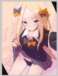 Rule 34 | 1girl, abigail williams (fate), bad id, bad twitter id, black bow, black bowtie, black panties, black sweater, blonde hair, blue eyes, blush, bow, bow panties, bowtie, caburi, cardigan, clothes lift, fate/grand order, fate (series), forehead, grey skirt, hand gesture, highres, lifting own clothes, long hair, long sleeves, looking at viewer, orange bow, orange bowtie, panties, parted bangs, plaid, plaid skirt, pleated skirt, polka dot, polka dot bow, reaching, reaching towards viewer, selfie, sitting, skirt, skirt lift, skull print, smile, solo, stuffed animal, stuffed toy, sweater, teddy bear, thighs, underwear, v