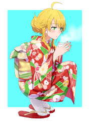 Rule 34 | 1girl, absurdres, ahoge, alternate hairstyle, blonde hair, blue background, blush, border, breasts, closed mouth, cup, disposable cup, earrings, epitaph (1122), floral print kimono, folded ponytail, from side, full body, green eyes, hands up, highres, holding, holding cup, hoshii miki, idolmaster, idolmaster (classic), idolmaster million live!, idolmaster million live! theater days, jewelry, large breasts, long hair, long sleeves, looking at another, nail polish, obi, outside border, parted lips, pink nails, sandals, sash, simple background, solo, squatting, steam, tabi, tiptoes, two-tone kimono, white border, wide sleeves, zouri