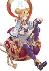 Rule 34 | 1girl, adapted costume, bra, breasts, cleavage, cropped jacket, double bun, drum, electra (xenoblade), full body, grey jacket, hagoromo, hammer, highres, horns, instrument, jacket, mallet, medium breasts, medium hair, mitsudomoe (shape), navel, nintendo, aged up, open clothes, open jacket, pleated shorts, pointy ears, rope, shawl, shorts, simple background, sitting, smile, solo, sou (pale 1080), taiko drum, thighhighs, tomoe (symbol), underwear, white background, xenoblade chronicles (series), xenoblade chronicles 2, yellow eyes