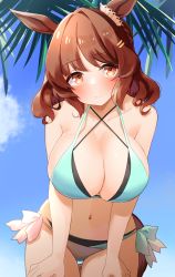 Rule 34 | 1girl, animal ears, aqua bikini, bare arms, bare shoulders, bikini, blue sky, blush, breasts, brown eyes, brown hair, cleavage, cloud, collarbone, commentary request, cowboy shot, day, hair ornament, hairclip, highres, horse ears, komb, large breasts, light hello (umamusume), looking at viewer, medium hair, navel, outdoors, partial commentary, side-tie bikini bottom, sky, smile, solo, standing, stomach, swimsuit, umamusume