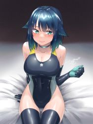 Rule 34 | 1girl, awono nanaumi, black gloves, black one-piece swimsuit, black thighhighs, blue eyes, blue hair, breasts, commentary request, competition swimsuit, covered navel, cowboy shot, elbow gloves, fukami nana (awono nanaumi), gloves, hair flaps, highleg, highleg swimsuit, highres, large breasts, looking at viewer, multicolored clothes, multicolored swimsuit, one-piece swimsuit, original, short hair, sitting, solo, swimsuit, thighhighs
