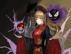 Rule 34 | 1girl, absurdres, aura, bad id, bad pixiv id, black background, black dress, black eyes, black sash, blush, breasts, brown background, brown hair, c2h6o, commentary request, cowboy shot, creatures (company), crossover, dress, fangs, from behind, game freak, gastly, gen 1 pokemon, gradient background, headdress, highres, huge filesize, junko (touhou), large breasts, legendary pokemon, long hair, long sleeves, looking at viewer, mewtwo, neck ribbon, nintendo, open mouth, parted lips, poke ball, poke ball (basic), pokemon, pokemon (creature), red eyes, ribbon, sash, shadow, smile, standing, tabard, tassel, touhou, very long hair, wide sleeves, yellow ribbon
