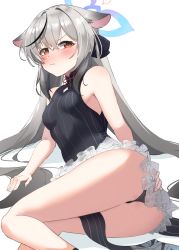 Rule 34 | 1girl, absurdres, animal ears, ass, black dress, black hair, black panties, blue archive, blush, breasts, closed mouth, clothes between thighs, dress, fon (96nokimihito), grey hair, halo, highres, kokona (blue archive), looking at viewer, multicolored hair, orange eyes, panties, pout, simple background, sitting, small breasts, solo, streaked hair, striped clothes, striped dress, thighs, underwear, vertical-striped clothes, vertical-striped dress, white background