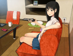 Rule 34 | 1girl, bad id, bad pixiv id, black hair, brown eyes, cellphone, computer, cup, dog, highres, keyboard (computer), laptop, living room, mole, mole under eye, open mouth, original, phone, puppy, room, shigureteki, sitting, smile, solo, table