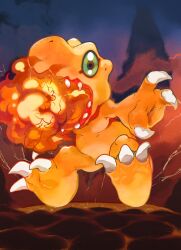 Rule 34 | agumon, breath weapon, breathing fire, claws, colored skin, digimon, digimon (creature), fire, full body, green eyes, hands up, highres, lava, looking at viewer, no humans, open mouth, orange skin, oyomotin, sharp teeth, solo, teeth, volcano