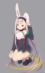 Rule 34 | 1girl, absurdres, animal ears, arm up, azur lane, black footwear, black skirt, breasts, brown eyes, commentary request, full body, grey background, hairband, hand on own ear, hand on own thigh, highres, long hair, pulling own clothes, pulling own ear, rabbit ears, rabbit girl, shimakaze (azur lane), shoes, silver hair, simple background, skirt, small breasts, smile, solo, squatting, very long hair, yomogi uehara