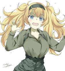 Rule 34 | 1girl, black hairband, blonde hair, blue eyes, curled fingers, gakky, gambier bay (kancolle), grey shirt, hairband, highres, kantai collection, long hair, official alternate costume, one-hour drawing challenge, open mouth, shirt, simple background, solo, upper body, wavy hair, white background