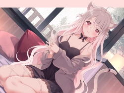 Rule 34 | 1girl, animal ears, black choker, black dress, breasts, cat ears, cat girl, cat tail, choker, commission, dress, frilled dress, frills, gradient hair, grey hair, grey jacket, highres, indie virtual youtuber, interlocked fingers, jacket, long hair, long sleeves, looking at viewer, medium breasts, multicolored hair, off shoulder, open clothes, open jacket, pillow, pink hair, red eyes, short dress, sitting, skeb commission, sleeveless, sleeveless dress, smile, solo, tail, uise iu, very long hair, virtual youtuber, white hair, yoshino ryou