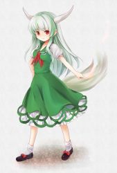 Rule 34 | 1girl, blunt bangs, bow, breasts, dress, ex-keine, female focus, green hair, horns, kamishirasawa keine, long hair, outstretched arm, red eyes, shoes, socks, solo, tail, tona (nekotte), touhou