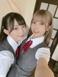 Rule 34 | 2girls, aoyama nagisa, indoors, liyuu, looking at viewer, multiple girls, photo (medium), school uniform, selfie, smile, standing