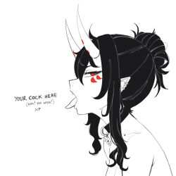 Rule 34 | 1girl, ahoge, ameiarts, black hair, choker, collar, earrings, english text, facial mark, from side, greyscale, hair between eyes, hair bun, high contrast, highres, horns, jewelry, lineart, long hair, looking at viewer, messy hair, mole, mole on collarbone, monochrome, multiple earrings, nude, oni, oni horns, open mouth, oral invitation, original, pointy ears, red eyes, simple background, single hair bun, skull, slit pupils, solo, tongue, tongue out, white background