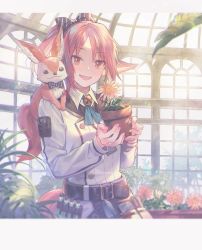 Rule 34 | 1girl, animal ears, arknights, belt, bow, bowtie, brown eyes, brown hair, cowboy shot, dress shirt, eyelashes, flower, flower pot, foliage, fox, fox ears, fox tail, fur, greenhouse, hair bow, highres, holding, holding flower pot, holding pot, indoors, letterboxed, lino chang, looking at viewer, necktie, official alternate costume, pants, patch, perfumer (arknights), perfumer (species plantarum) (arknights), plant, ponytail, pot, shirt, smile, sunflower, sunlight, tail, vial, white pants, window
