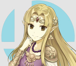 Rule 34 | 1girl, absurdres, armor, artist request, blonde hair, blue eyes, bracelet, cape, collarbone, diadem, dress, earrings, female focus, hand on own chin, happy, highres, jewelry, long dress, long hair, looking at viewer, neck, necklace, nintendo, pointy ears, princess zelda, short-sleeved dress, short sleeves, shoulder armor, smile, super smash bros., the legend of zelda, the legend of zelda: a link between worlds, tiara, triforce, triforce earrings, tunic, white cape, white dress, white tunic